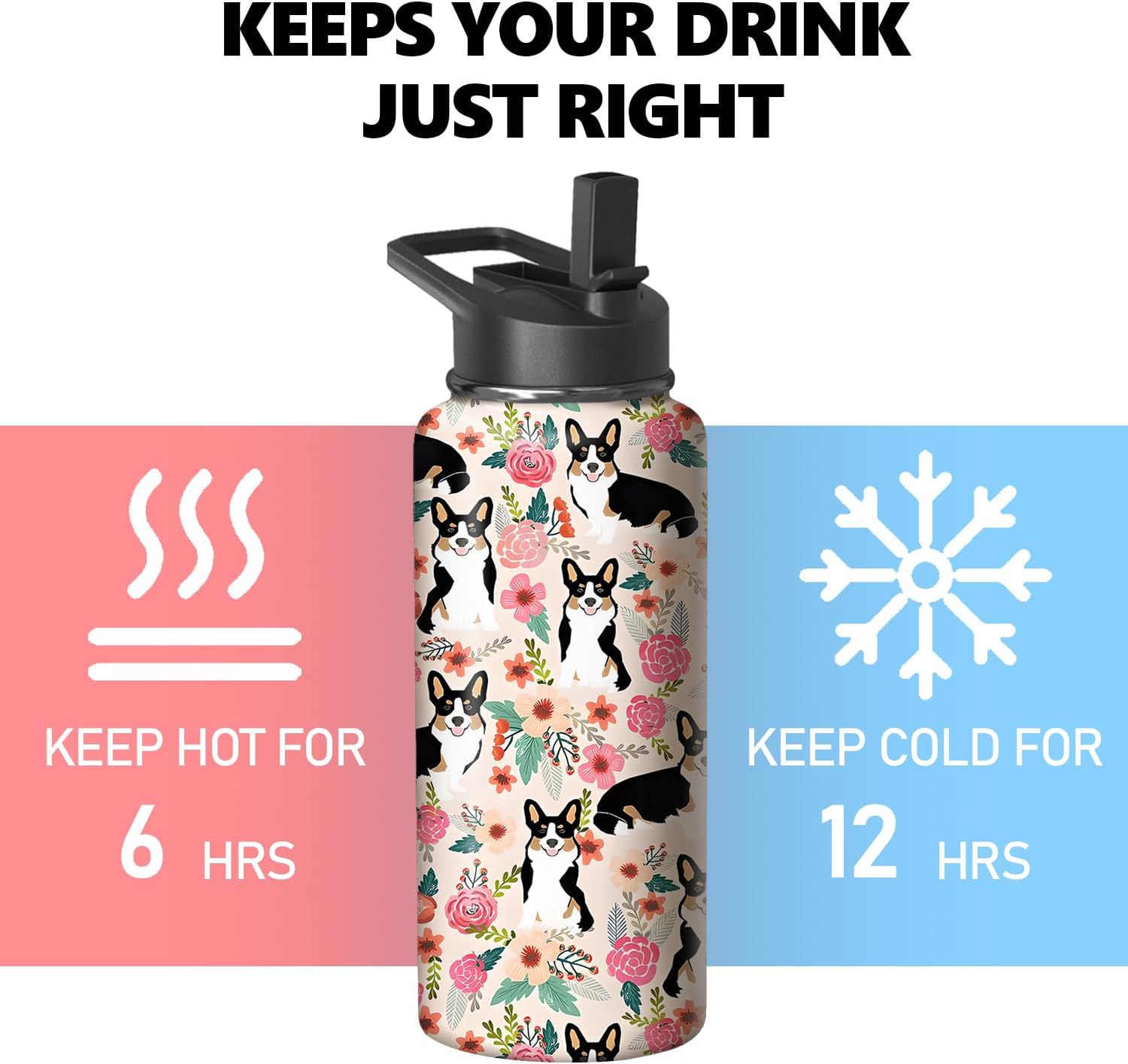 32oz Corgi Water Bottle with Handle and Flip Straw, Dog Animal Sports Stainless Steel Insulated Cup Travel Coffee Mug Tumbler, Birthday Mothers Day Chritmas Gifts for Women - Image 4