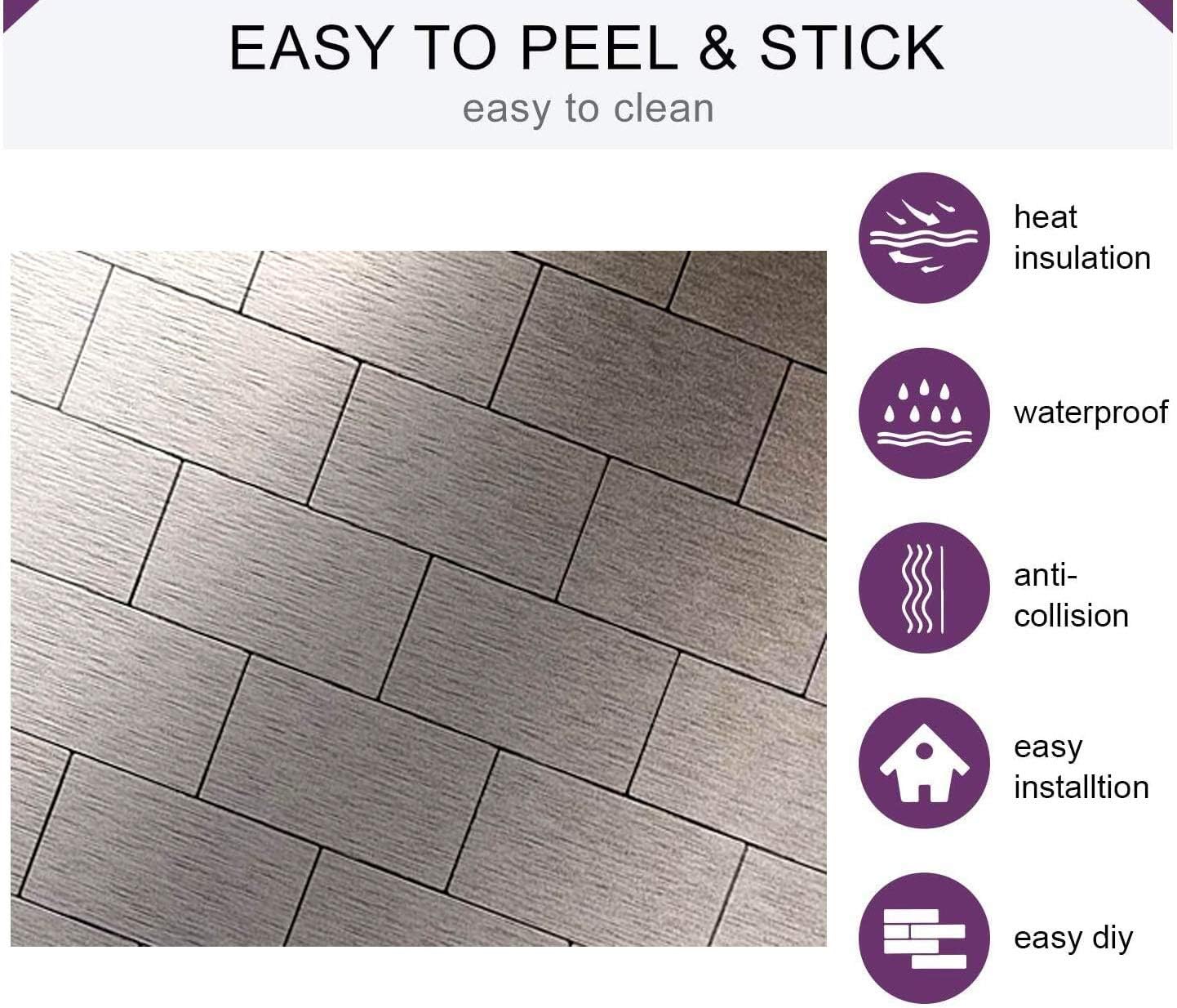 XUANINY 32-Piece Peel and Stick Metal Backsplash Tiles, Self Adhesive Aluminum Mosaic 3D Wall Sticker for Kitchen Subway(3"x6") (Rectangle) (Brushed Silver, 32 Pieces 3"x6")