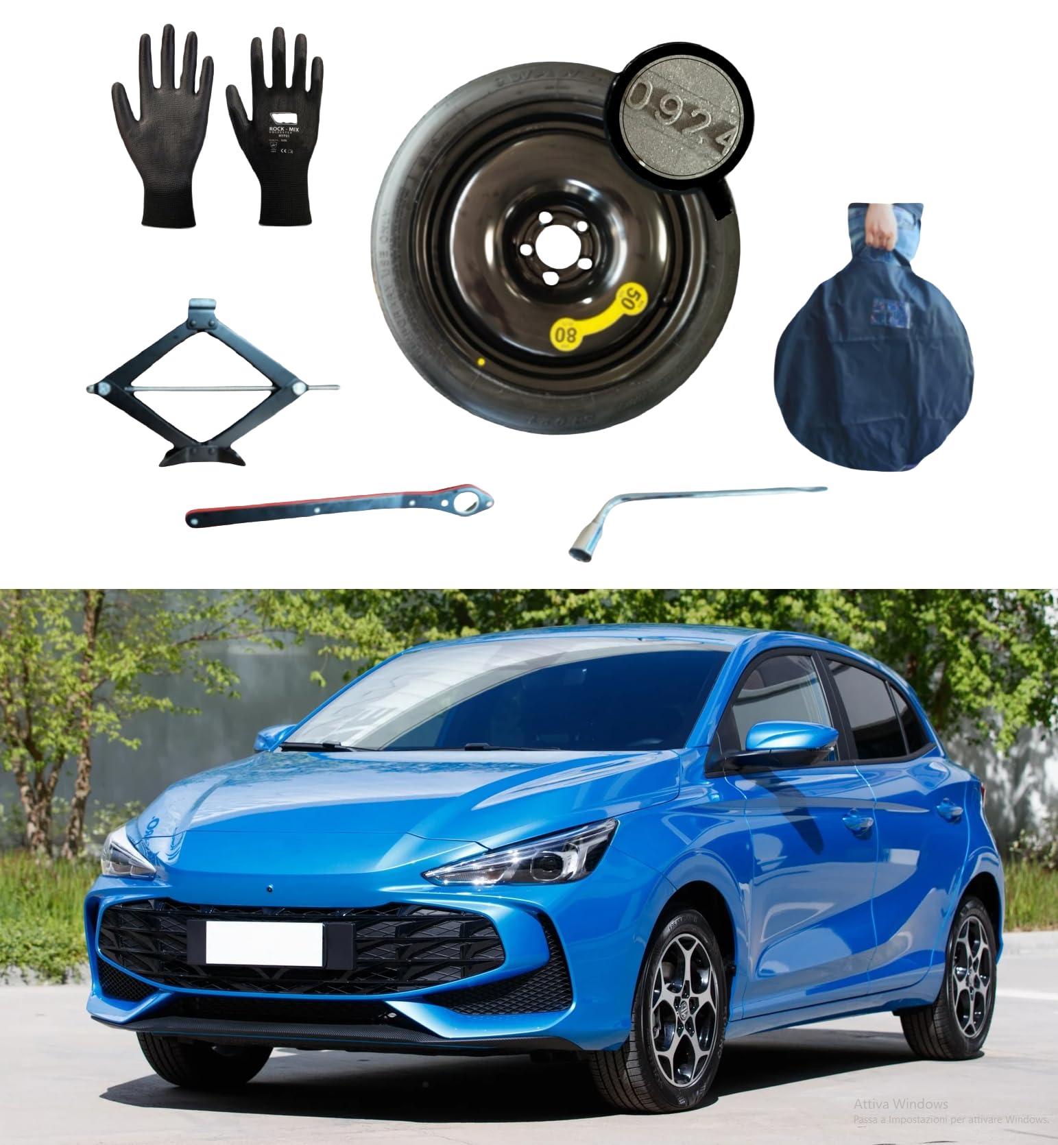 Kit Ruotino di Scorta 16" compatibile con MG3 Hybrid+ benzina da 2024 in poi con Cric, Chiave, Guanti e Sacca
