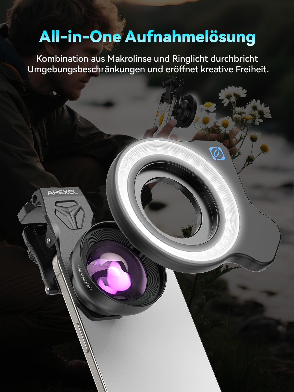APEXEL 100Ultra Makro Objektiv mit Ringlicht, verbesserte Version des Objektiv für Handy für iPhone, Samsung, Pixel