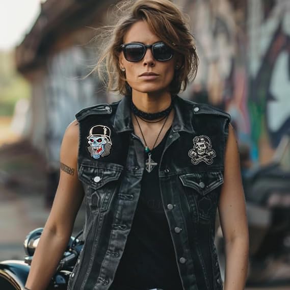 Cute-Patch Skull with Helmet Pilot Pistons Embroidered Iron On Sew On Patch Biker Vest