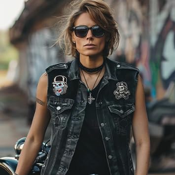 Cute-Patch Skull with Helmet Pilot Pistons Embroidered Iron On Sew On Patch Biker Vest