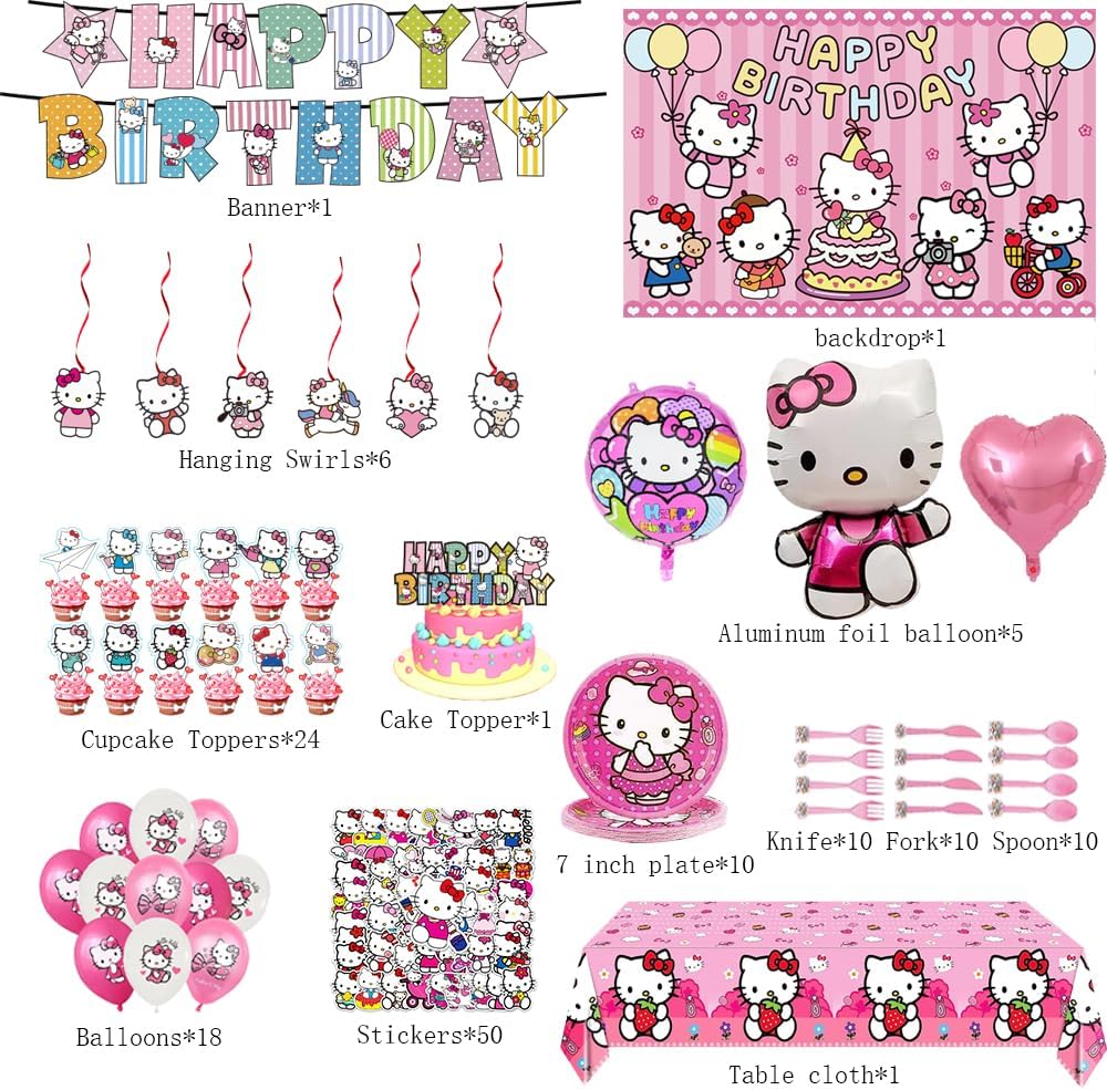 kitty Birthday party decorations,147pcs Cat Party Supplies.Include Birthday Banner, Backdrop, Hanging Swirls, Balloons, Cupcake Toppers, Tablecloth.