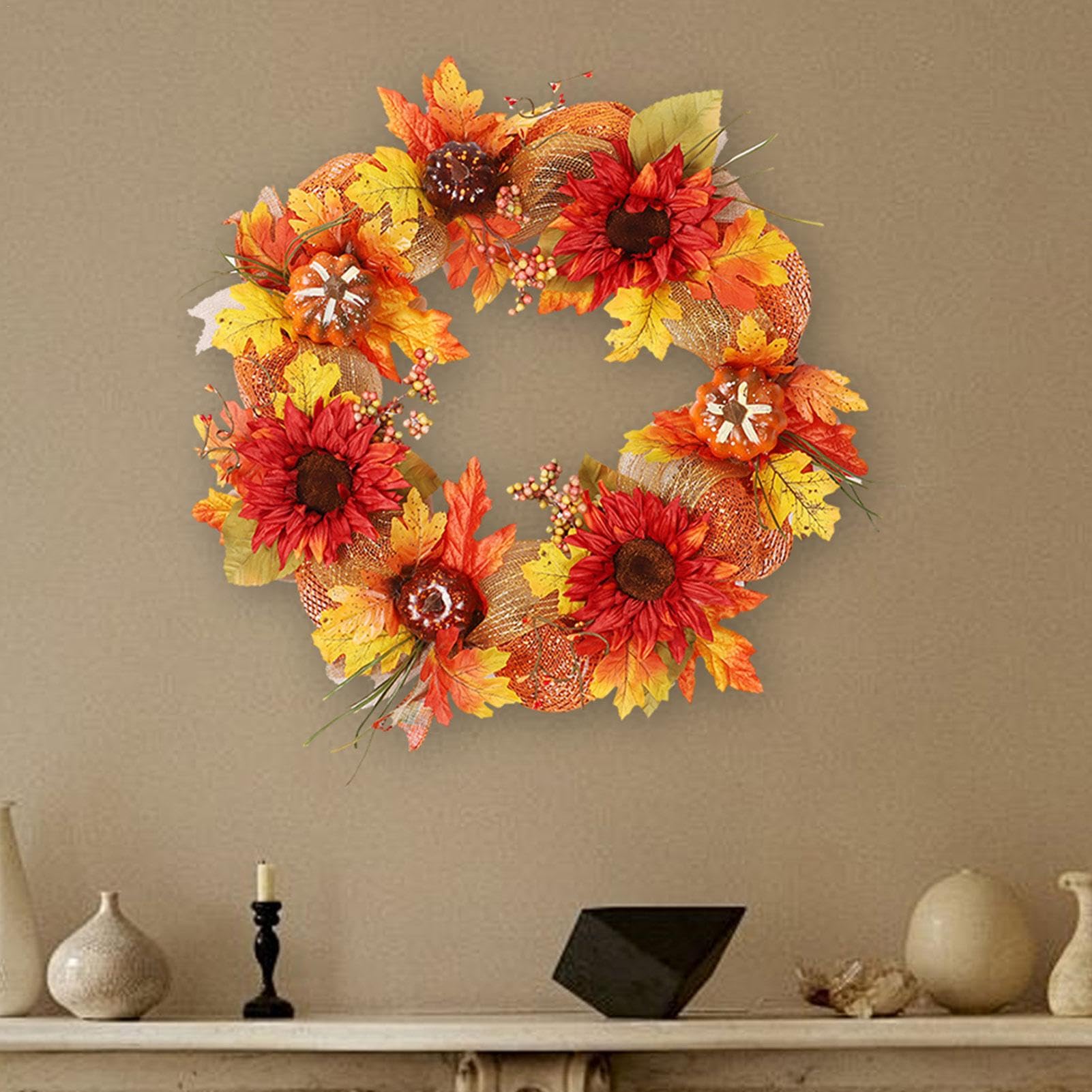BLSYHDH Ghirlanda Autunnale, Ghirlanda Autunnale di Foglie D'Acero con Girasoli Foglie D'Acero Arancioni, Decorazione di Bacche del Ringraziamento del