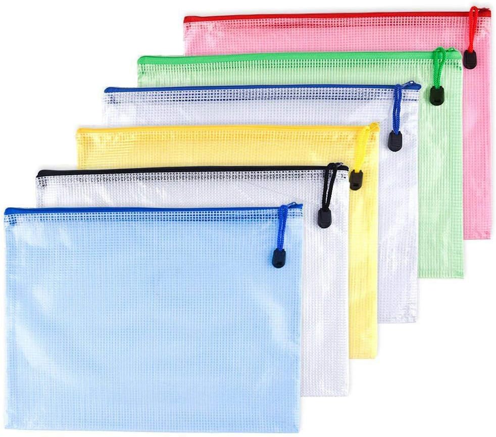 B4-Waterproof Tear-Resistant Plastic Zipper Pen File Document Folders Pockets Travel Bags,6-Pcs,Multicolor