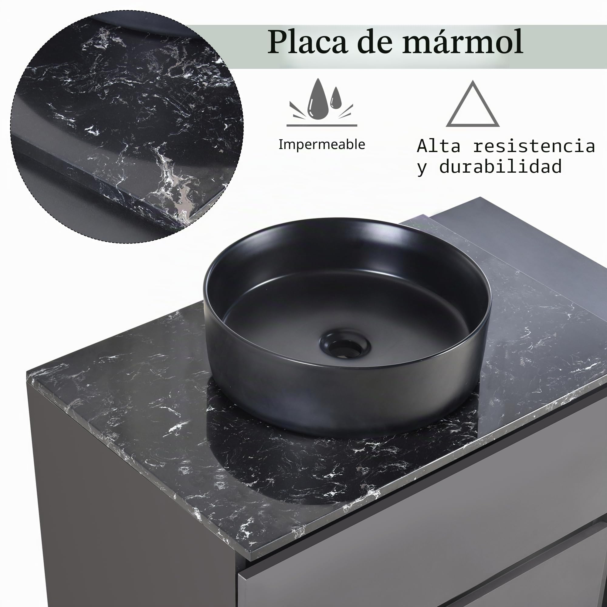 Armario para debajo del lavabo colgante de 80 cm de ancho, con lavabo de cerámica, con cajones, diseño moderno, color negro y gris