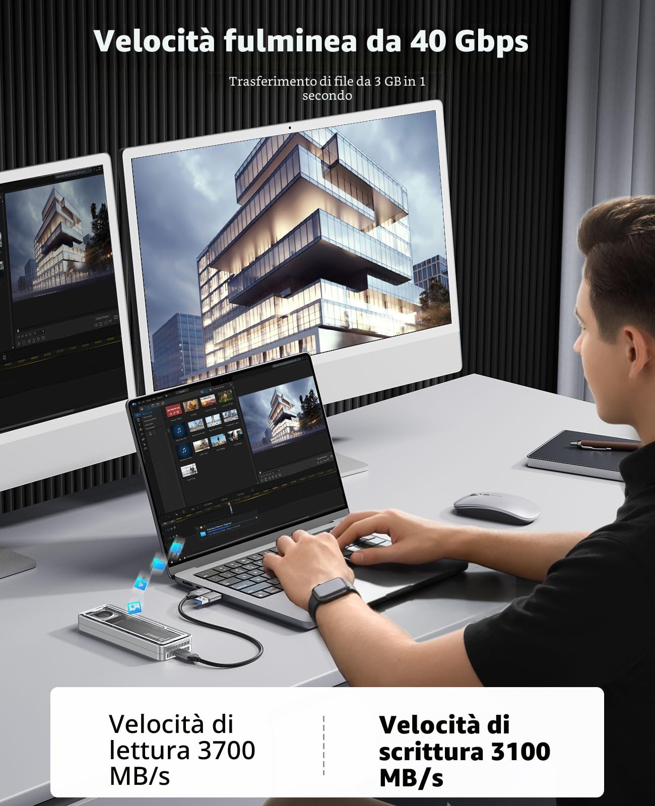 ORICO 40Gbps Case SSD M2 NVMe, Adattatore SSD M.2 NVMe USB Con Ventilatore Incorporato, Compatibile Thunderbolt 3/4 USB 3.2/3.1/3.0/2.0, Esterno Enclosure per M-Key SSD 2230/2242/2260/2280
