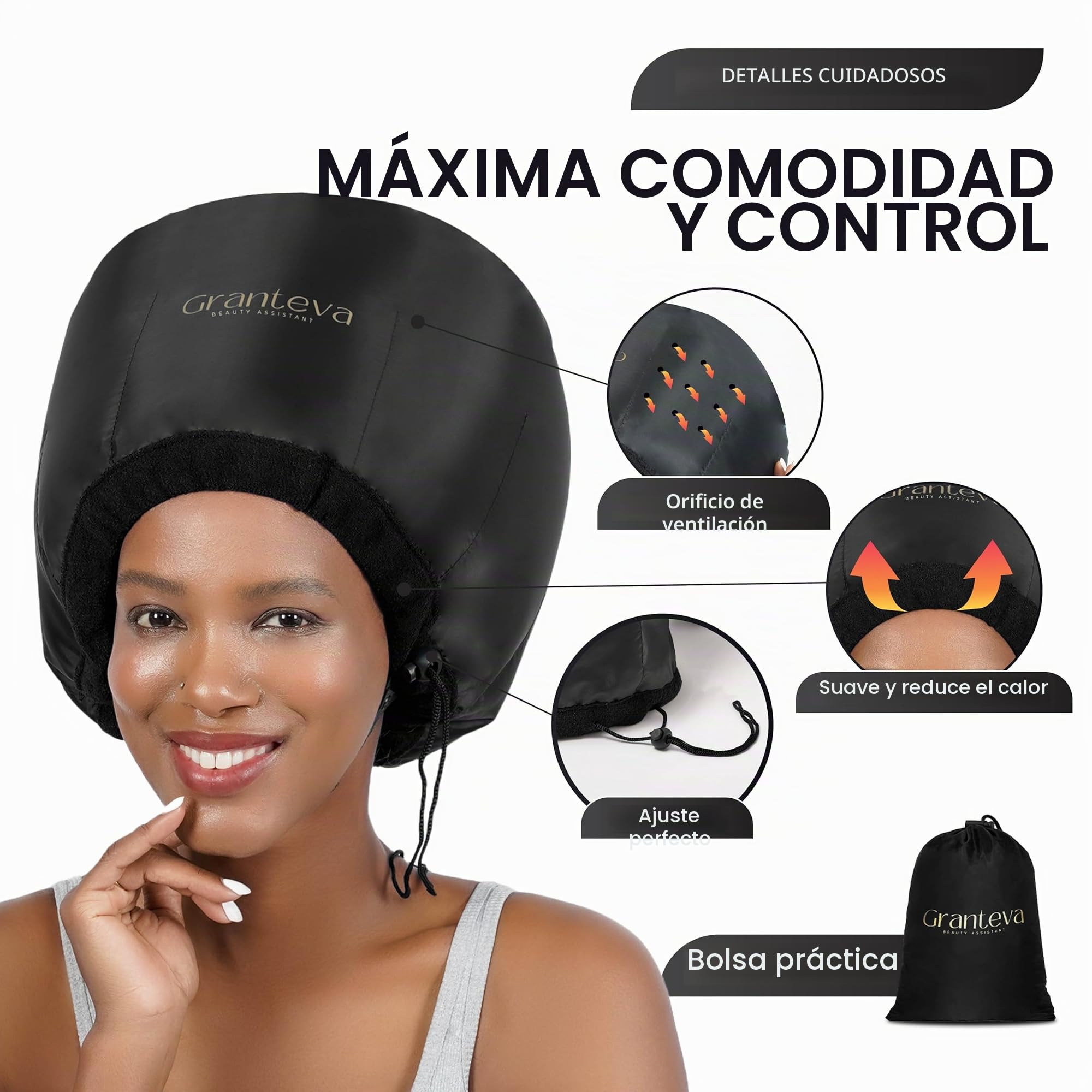 Secador de pelo con capucha con diadema integrada que reduce el calor alrededor de las orejas y el cuello - Gorra difusor de secador con capucha para rizado, acelera el tiempo de secado,
