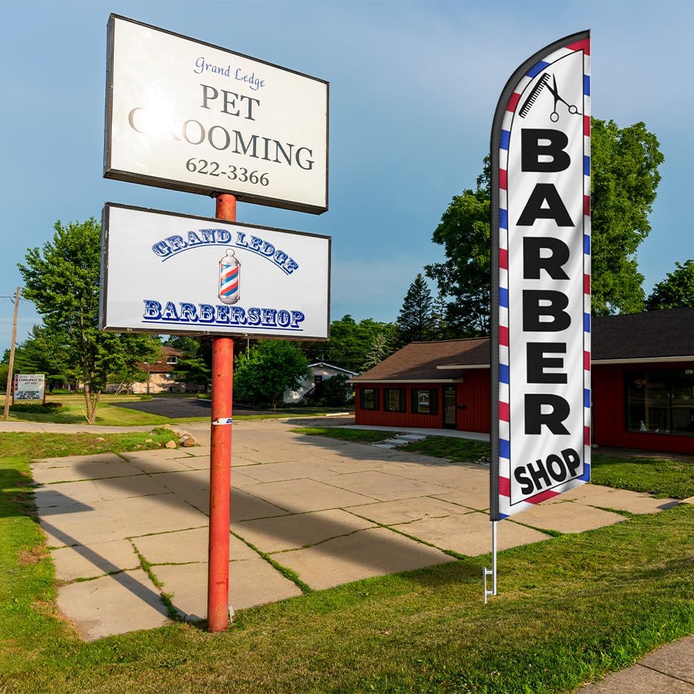 Barber Shop Feather Banner Swooper Flag, Includes 15FT Pole Kit with Ground Spike – Outdoor Advertising Sign - Perfect for Barber Shops & Haircut Salons