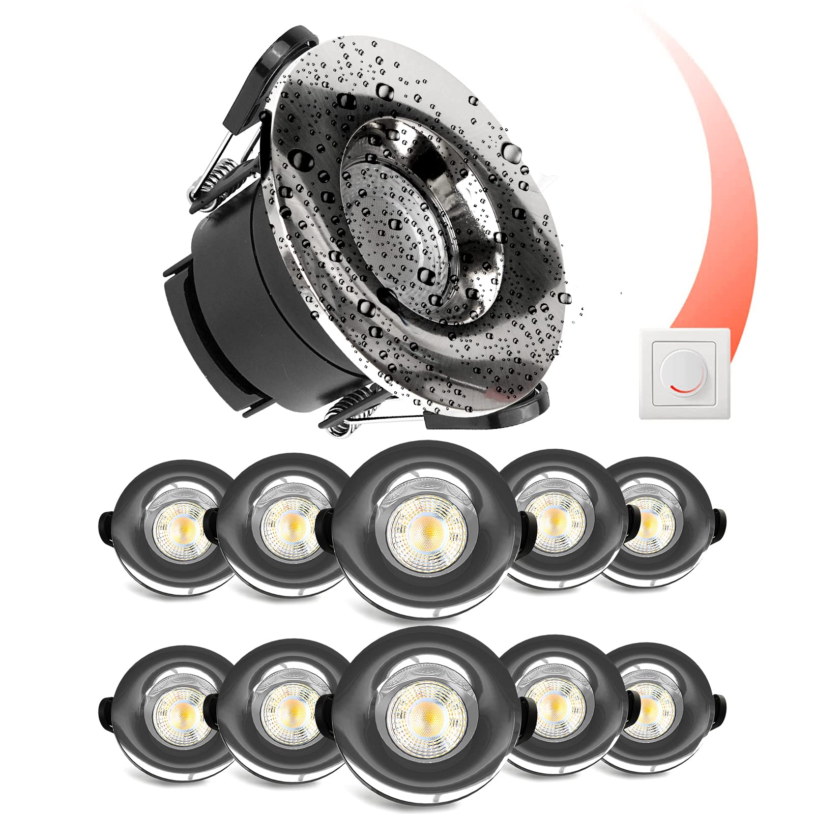 paul russells LED Recessed Downlight, Dimmable Warm/Cool/Day White 3 Adjustable CCT, 6Watt, IP65 Water, Dust & Fireproof Round Spotlight with Fixed Bulb and Chrome Bezel Ceiling Lights, 10 Packs