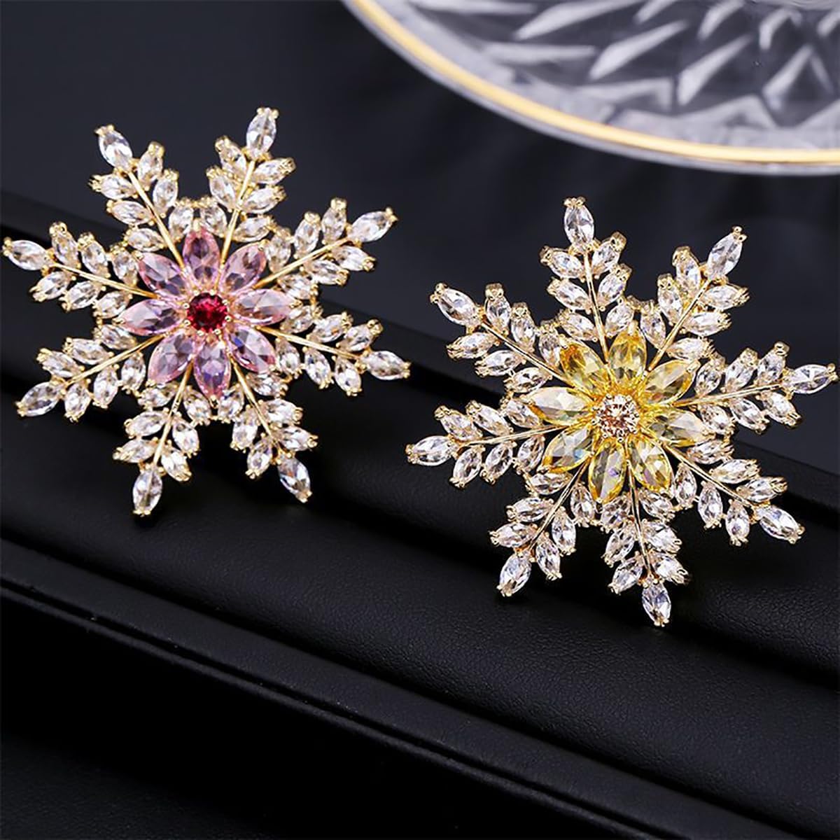 14K Gold Pink/Yellow Snowflake Brooch with Colorful Moissanite, Elegant Coat Suit Pin Accessory for Winter Fashion Collection, Ideal Brooch Pins for Women