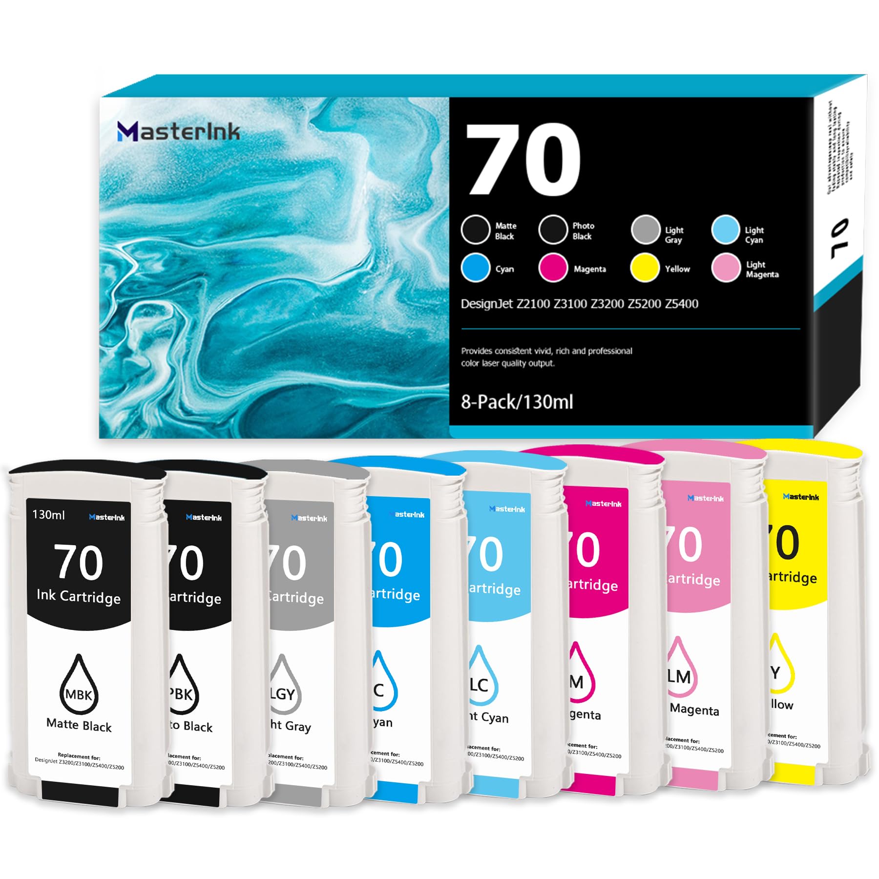 70 Ink Cartridges 130ml Replacement for HP 70 Ink Work for DesignJet DesignJet Z5400 Z5200 Z3200 Z3100 Z2100 (8-Pack MBK/PBK/GY/CY/MG/YL/LC/LM)