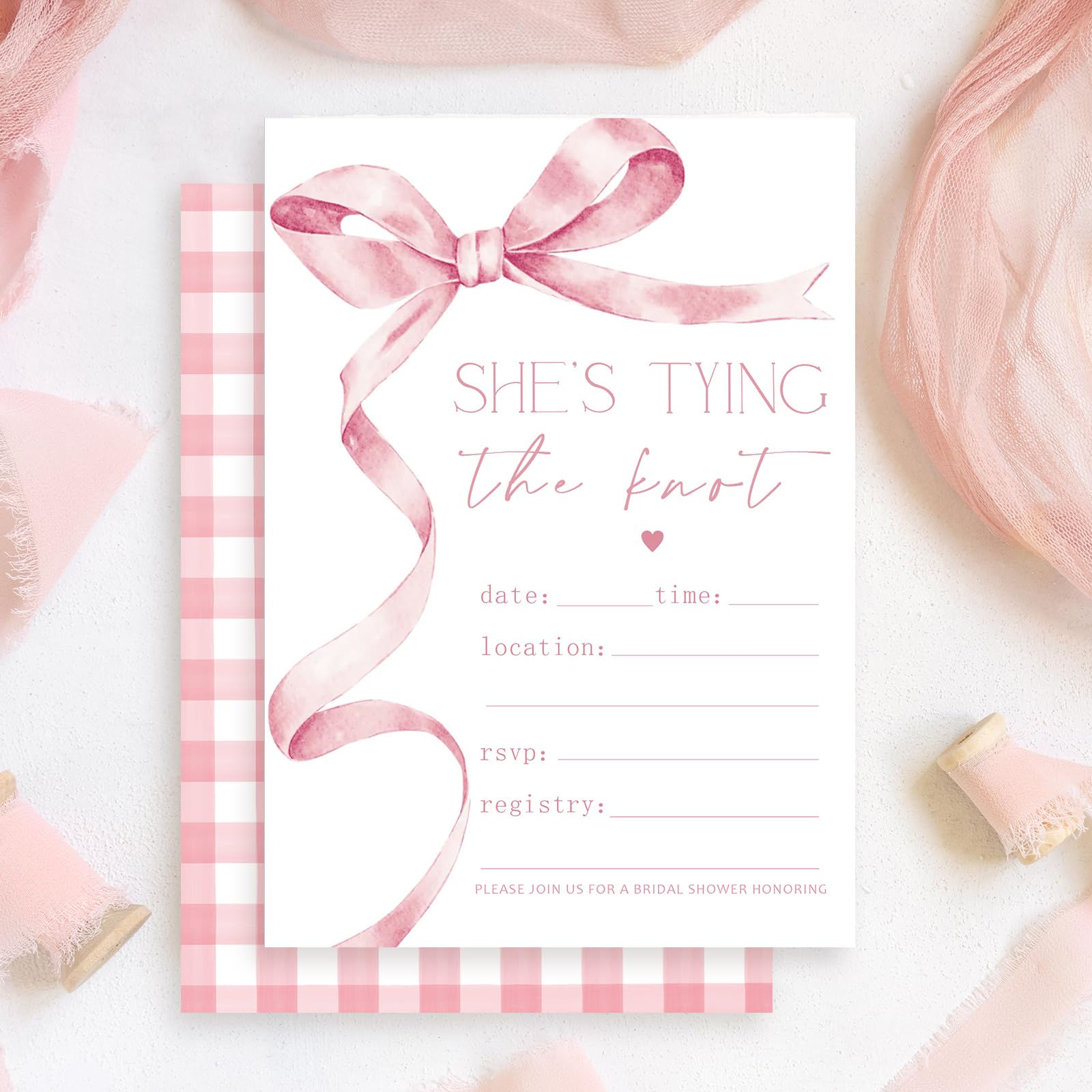 Whaline 25 Sets Pink Bow Invitations with Envelopes Stickers She's Tying the Knot Invitation Cards Bridal Shower Blank Invites for Wedding Coquette