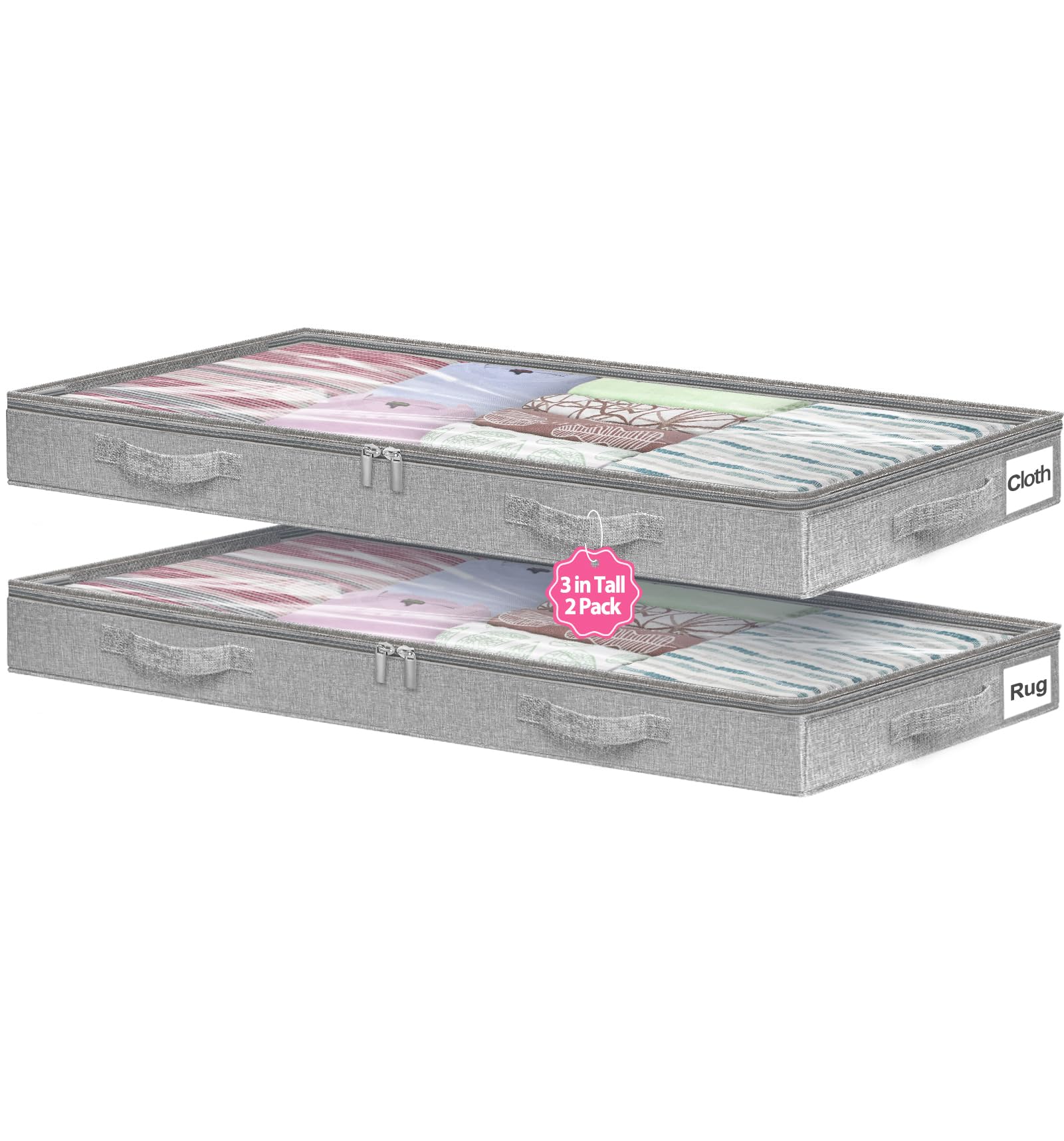 Low Profile Under Bed Storage, 3 Inches High Underbed Storage Containers Bins, NO STRUCTURE, Foldable Clothes Storage and Organizer with Lid & Zipper, Shallow Storage for Low Bed Couch Crib, 2-Pack