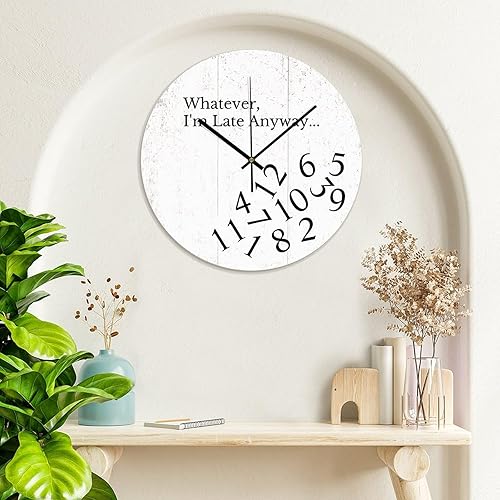 Miniatura 8 de COCOKEN Reloj de pared redondo de PVC de 10 pulgadas con texto en inglés "Whatever I'm Late Anyway... Reloj silencioso con pilas para sala de estar,