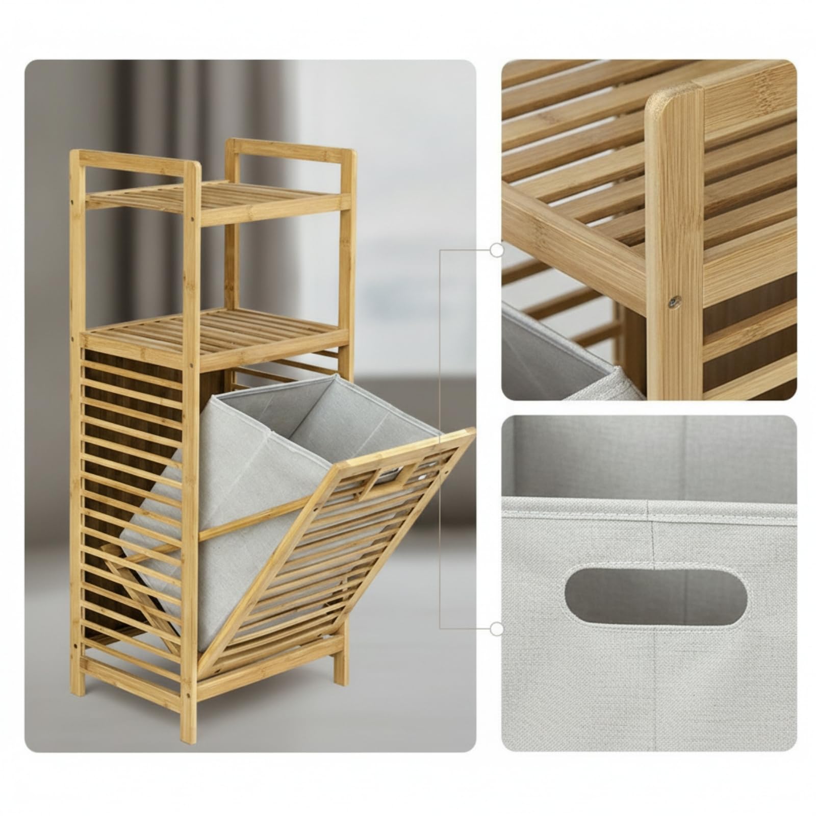 Cesta Porta Bucato Organizzatore Scaffalatura Portasciugamani Ripiano Portabiancheria Mobile Verticale in Bambù con Cesto Tilting Integrato per