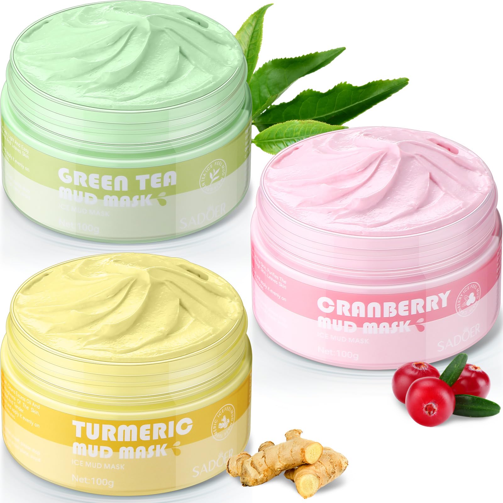 NALACAL 3 Pcs Face Clay Mask, Facial Dead Mud Mask Set, Cranberry, Green Tea, and Turmeric Clay, for Deep Cleansing Moisturizing, Refining Pores, Remove Blackhead Care Set, Gift for Girl Women