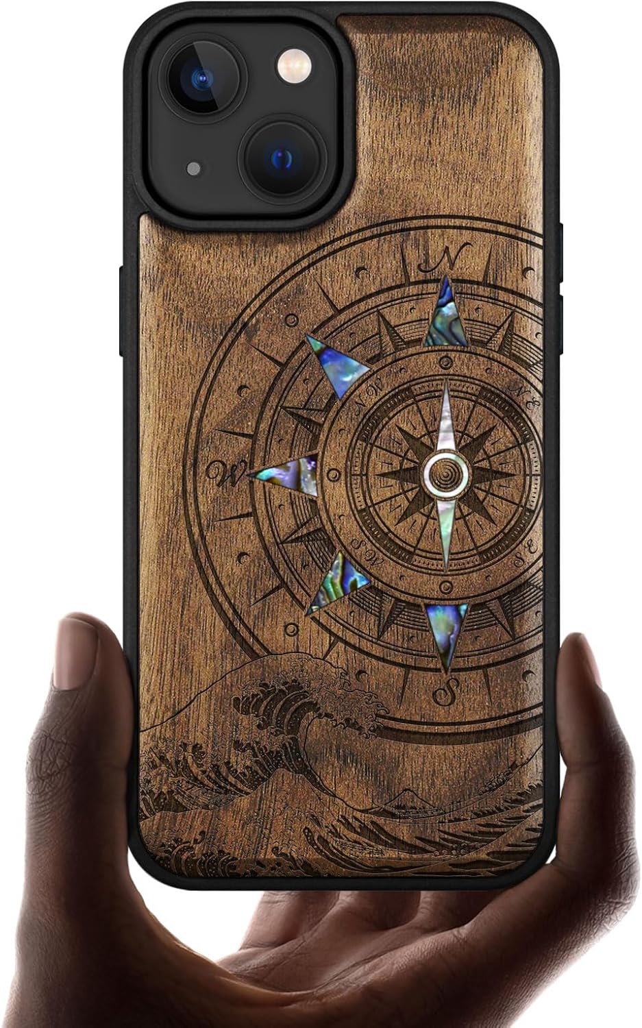 Carveit Wooden Case for iPhone 15 Magnetic Case, Compatible with MagSafe Wireless Chargers, Shockproof Cover, Handmade Shell Inlaid & Wood Artisan Engraved (Wave Compass) Blackwood