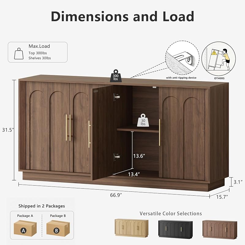 FORTUNETEC 67" Sideboard Buffet Cabinet with Storage, Arched Doors, Walnut image 2