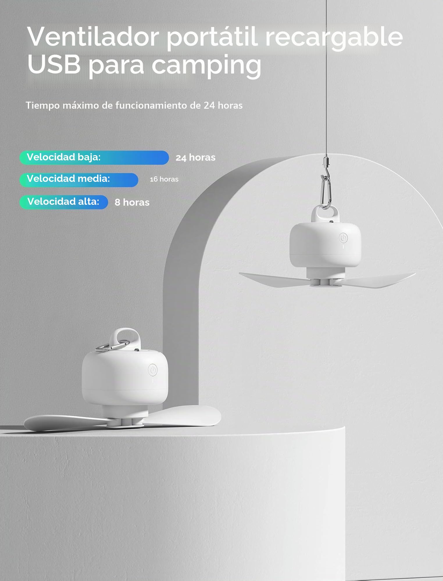 JISULIFE 8000mAh Ventilador de camping con pilas, USB recargable con control remoto, aspas de ventilador extraíbles, gancho para colgar, temporizador, 4 velocidades para exteriores-blanco