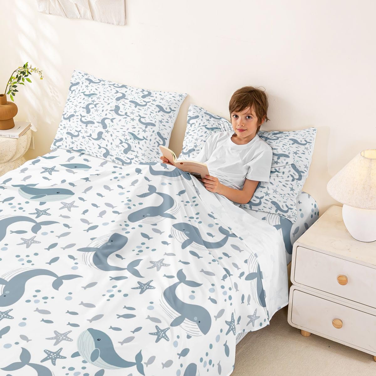 Homewish Niebieski ocean wieloryb prześcieradła podwójna rozgwiazda zwierzęta kreskówka zestaw prześcieradeł życie morskie ryba zestaw pościeli - geometryczne punktowe dopasowane płaskie prześcieradła