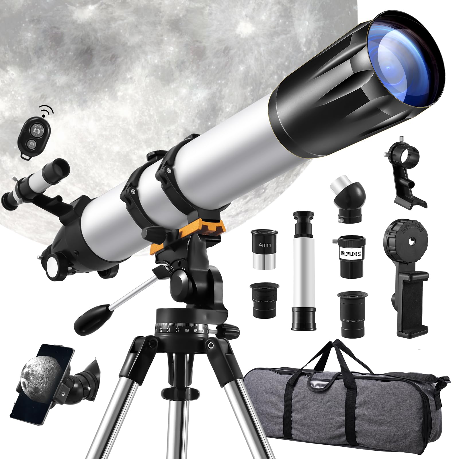Viugreum Telescopio Astronómico, Refractor 90mm de diámetro y 900mm de Distancia Focal con Mando a Distancia, 3 Oculares, 1 Lente Barlow 3X, Soporte para Teléfono, Montura AZ y Bolsa de Transporte