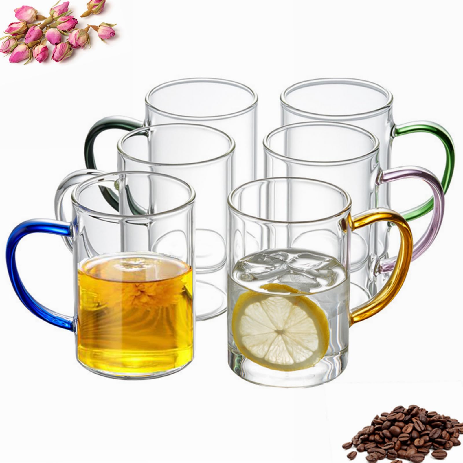 Bicchieri da caffè trasparenti, 315ml, bicchieri da bere con manico colorato, tazze da caffè resistenti al calore, bicchieri per latte macchiato, tazze da tè, per feste e ristoranti, set da 6