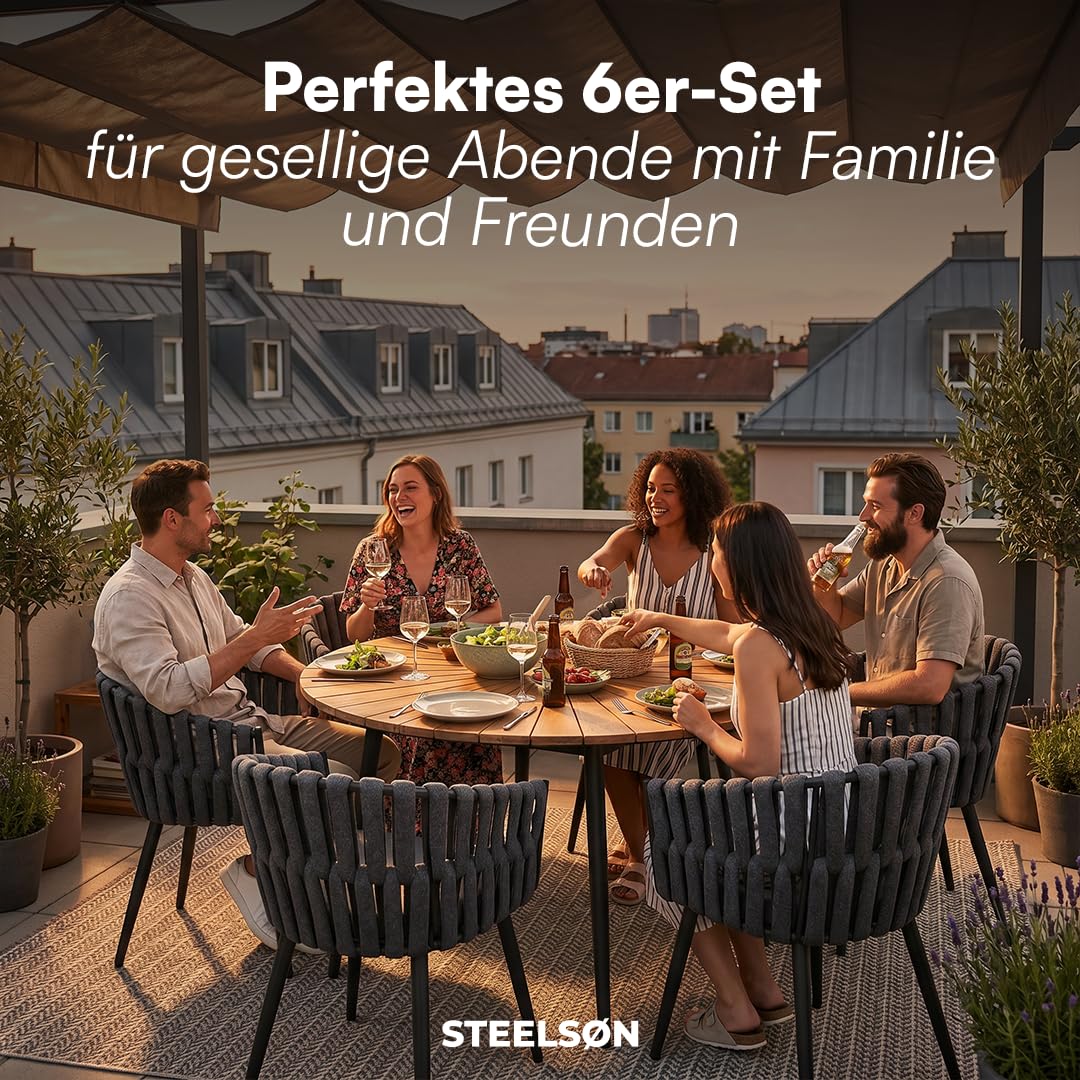 STEELSØN Tarian Gartenstühle im Rope Design – Stühle 6er Set mit Sitzkissen – Loungesessel Indoor/Outdoor – aus Kunststoffgeflecht & Dicke Sitzpolster Garten/Terrasse/Balkon – Stahlgestell dunkelgrau