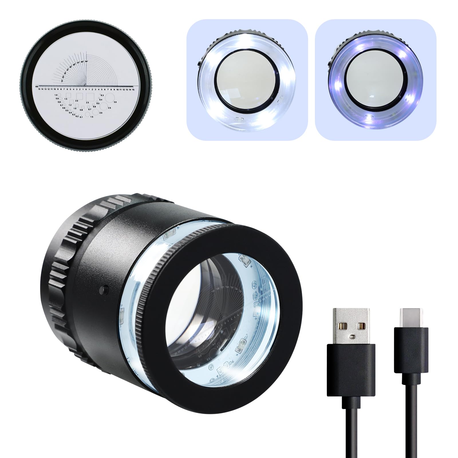 Wiederaufladbare Lupe mit 10-facher Vergrößerung, mit 5 weißen und 5 UV-LEDs, langlebiges Metallgehäuse, optische Glaslinse, abnehmbares Glasabsehen für Schmuckinspektion, Uhrenreparatur, Münzen