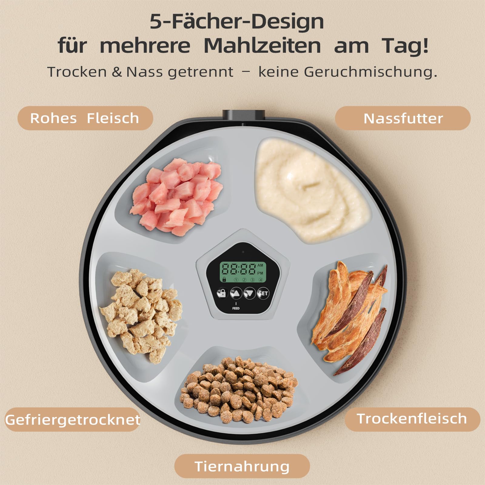 Comedero inteligente para gatos y perros – Dispensador temporizador de 5 comidas, apto para comida húmeda y seca, 2 cubos de hielo para mantener frescos, color negro