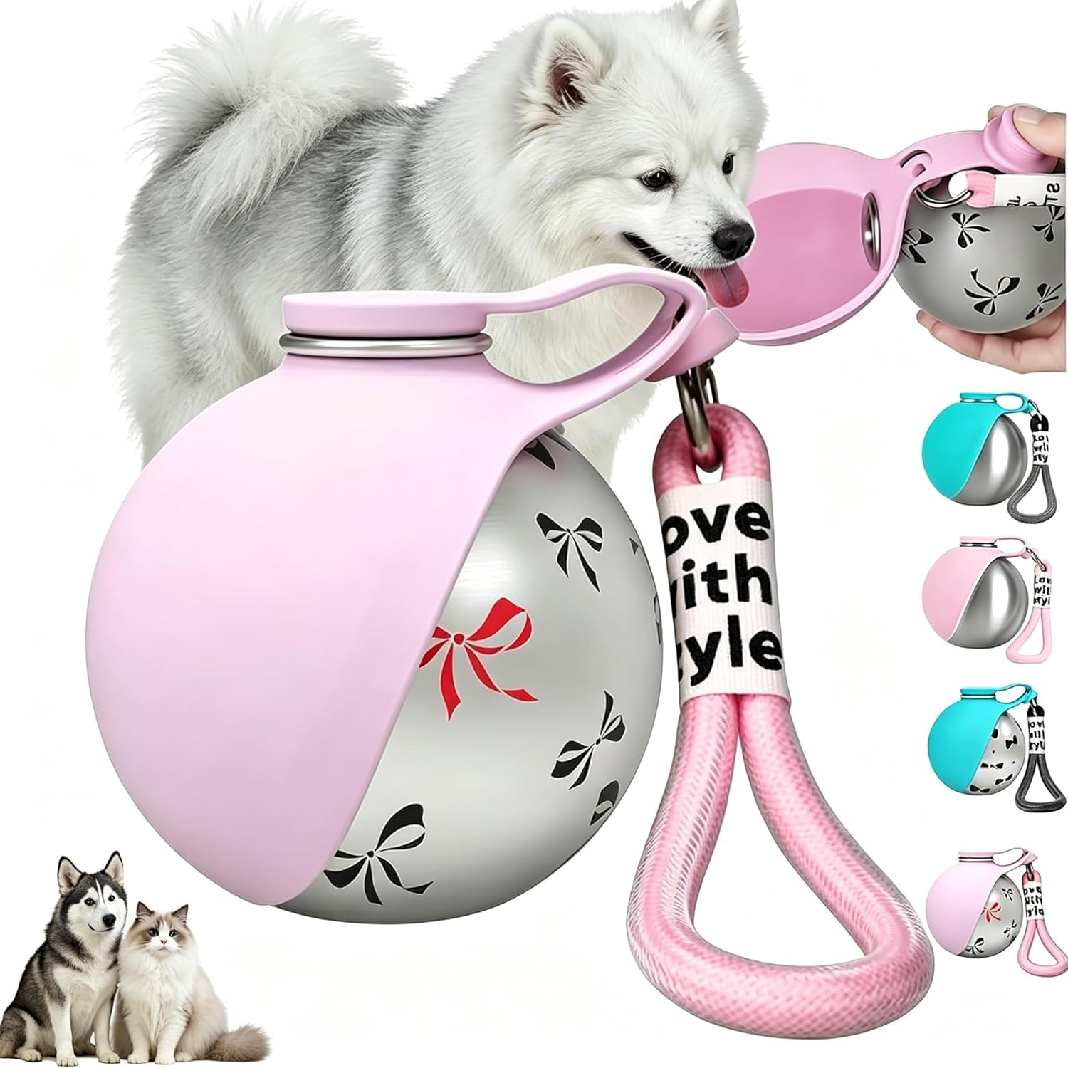 SANJSJHXJ Dog Drinking Bottle Portable with Portable Dog Bowl Attachment, 285ml Stainless Steel Dog Bottle for Hiking and Walking,pink with prin