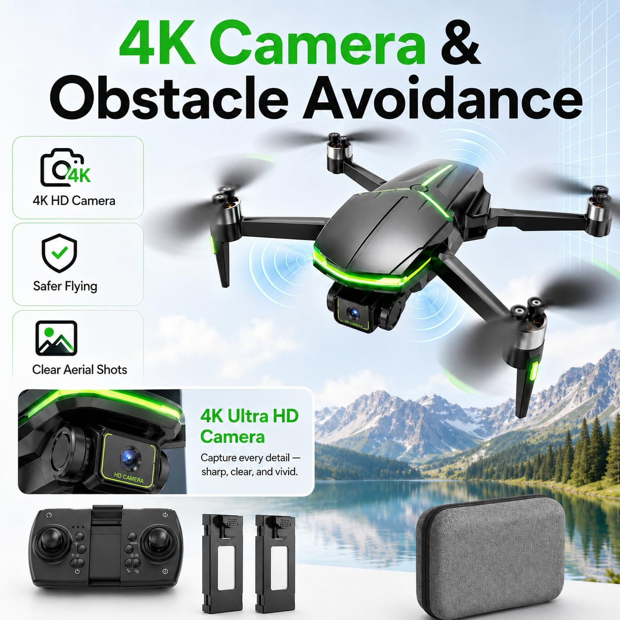 Dron con Cámara 4K para Niños Principiantes, Mini Drone Plegable Brushless, 45 Min, 2 Baterías, Regalo Niño (Black)