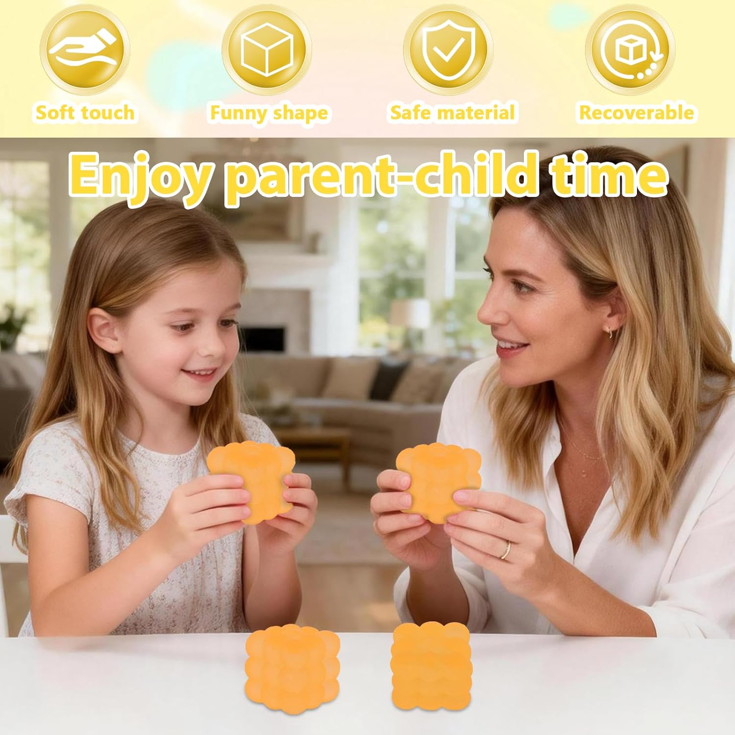 Frosted Ice Cube Squishy, 5cm Stress Relief Cube Fidget Toy, Soft Sensory Squishy Toys for Anxiety and Focus for Kids Youth Adults, Portable Squishy Ball (Yellow)