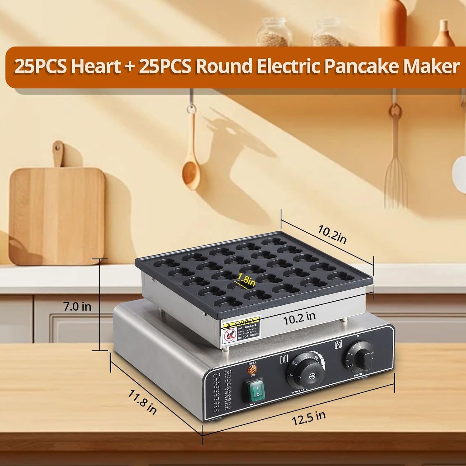 Mini Dutch Pancakes Maker Machine, 25Pcs Commercial Electric Waffle Machine and Heart Shaped Non-Stick Electric Muffin Maker 1.8 in Diameter Mini Pancakes Maker With 50-300℃ Separate Control for Home