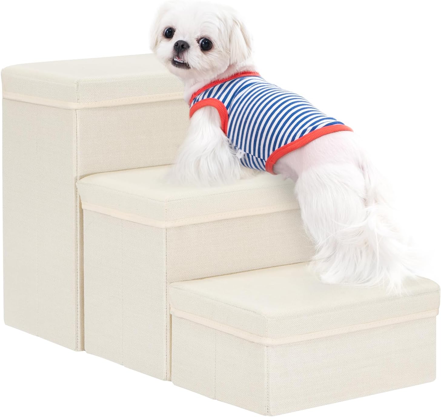 Uross Dog Stairs with Storage - 3-Step Pet Stairs for Small to Large Dogs, Cats & Puppies (Beige)