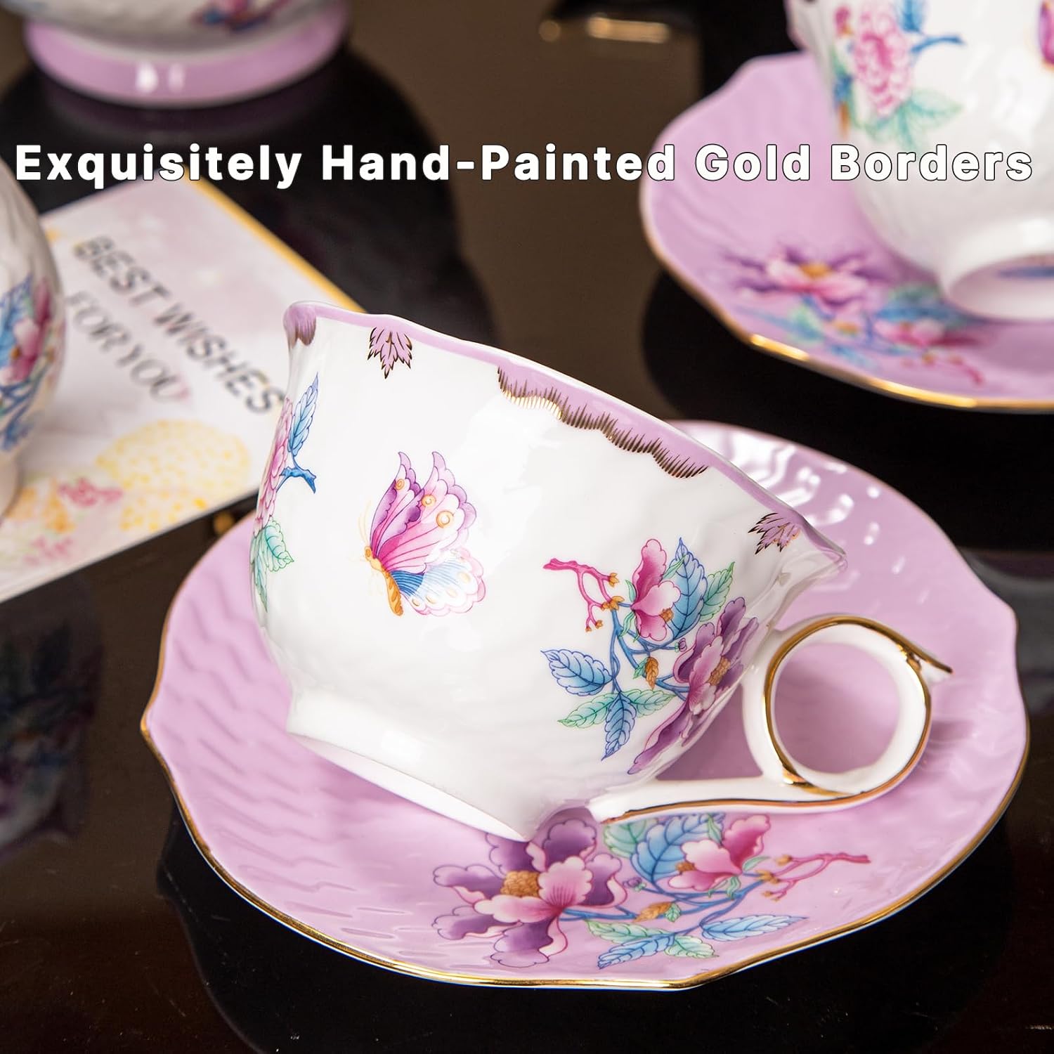 Tea Cup and Saucer Set, Floral Butterfly Vintage Tea Cup with Gold Trim, Bone China Teacup with Saucer and Spoon, Porcelain Coffee Cup Set for Women and Tea Party, 6.8 oz