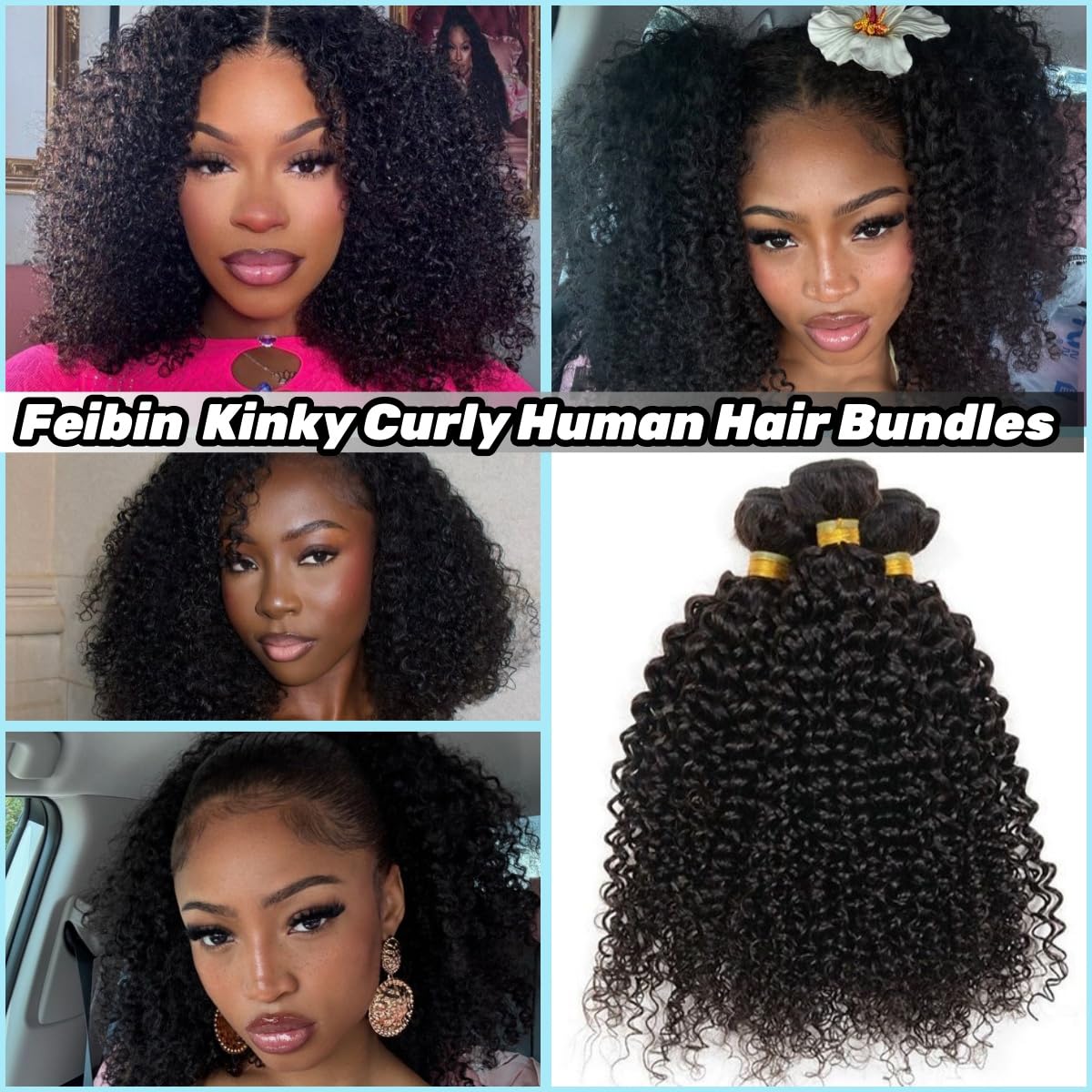 Kinky-curly Human Hair Bundles Rizado Natural Negro 16 18 20 Pulgadas | Rizado Mechas de Cabello Virgen Natural Brasileño 100% Sin Procesar Extensions