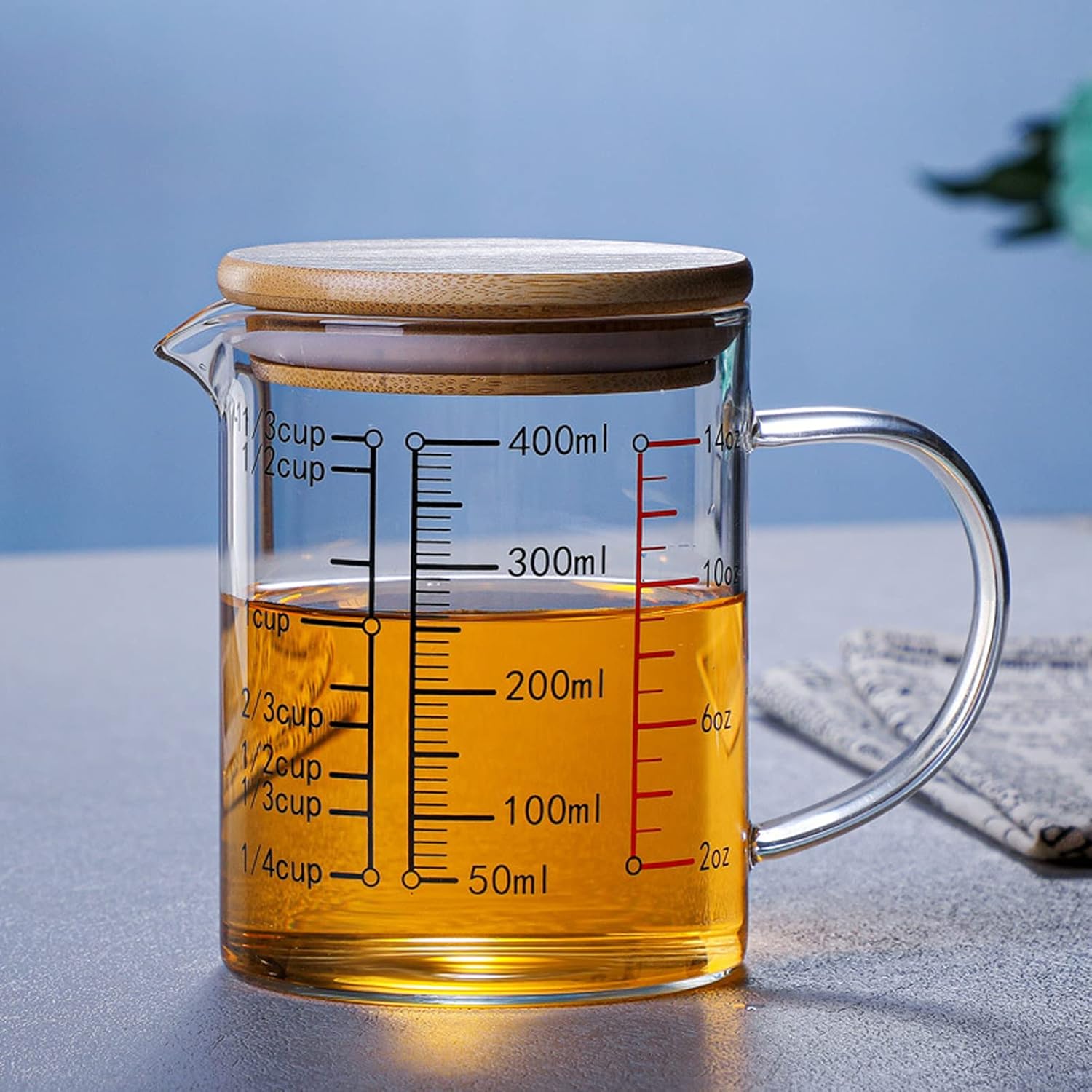 Glass Measuring Cup with Lid, 400ml / 14oz High