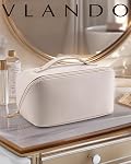 Vlando Large Capacity Travel Makeup Bag - Makeup Bag Travel Toiletry Bag for Women, PU Leather Waterproof Cosmetic Bag, Beige