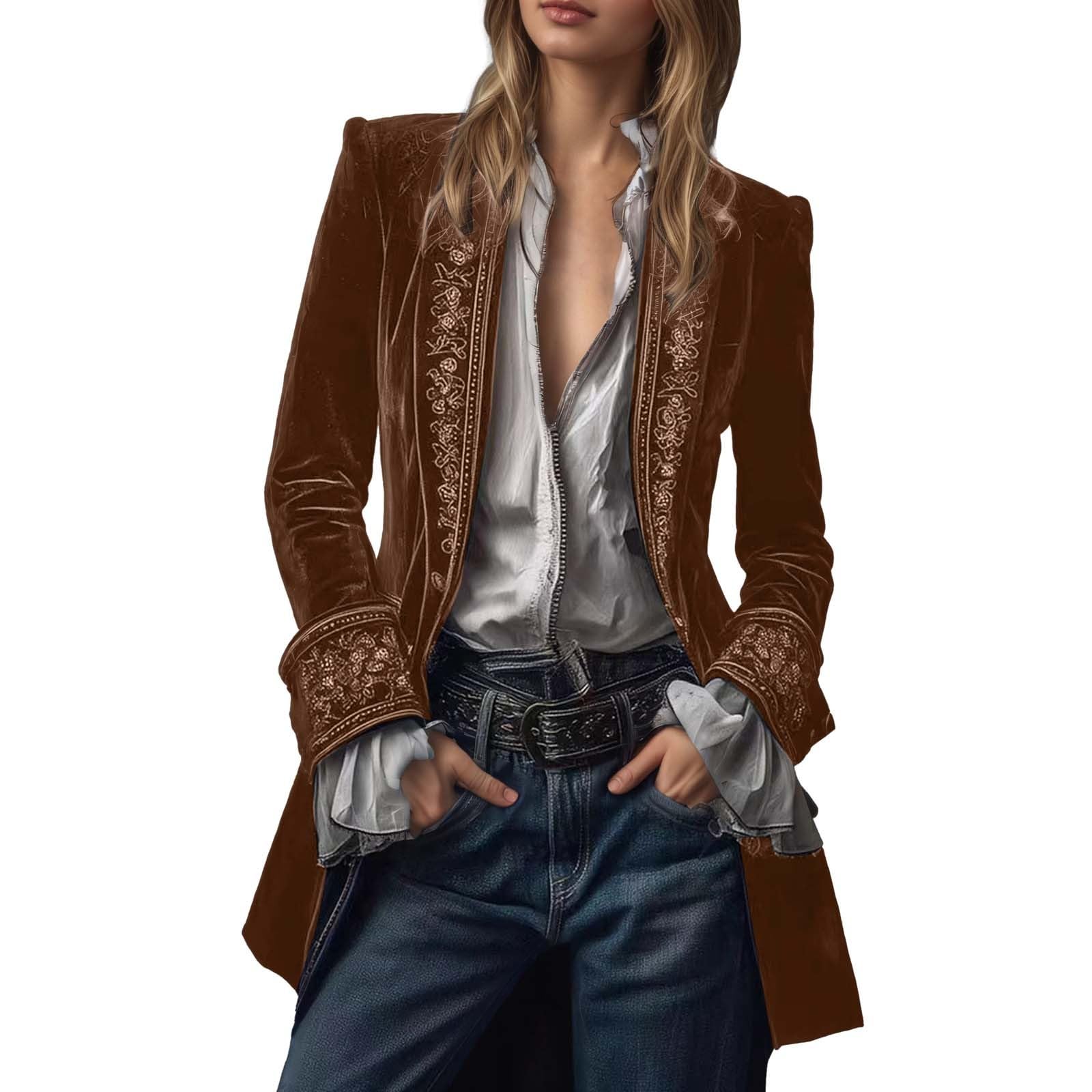 Generisch Velvet Jacket Women's Vintage Long Embroidered Blazer Women Open Front Coat Gothic Steampunk Outerwear Plain Elegant Baggy Velvet Jacket Festive Carnival Fancy Dress Jacket, yellow, 3XL