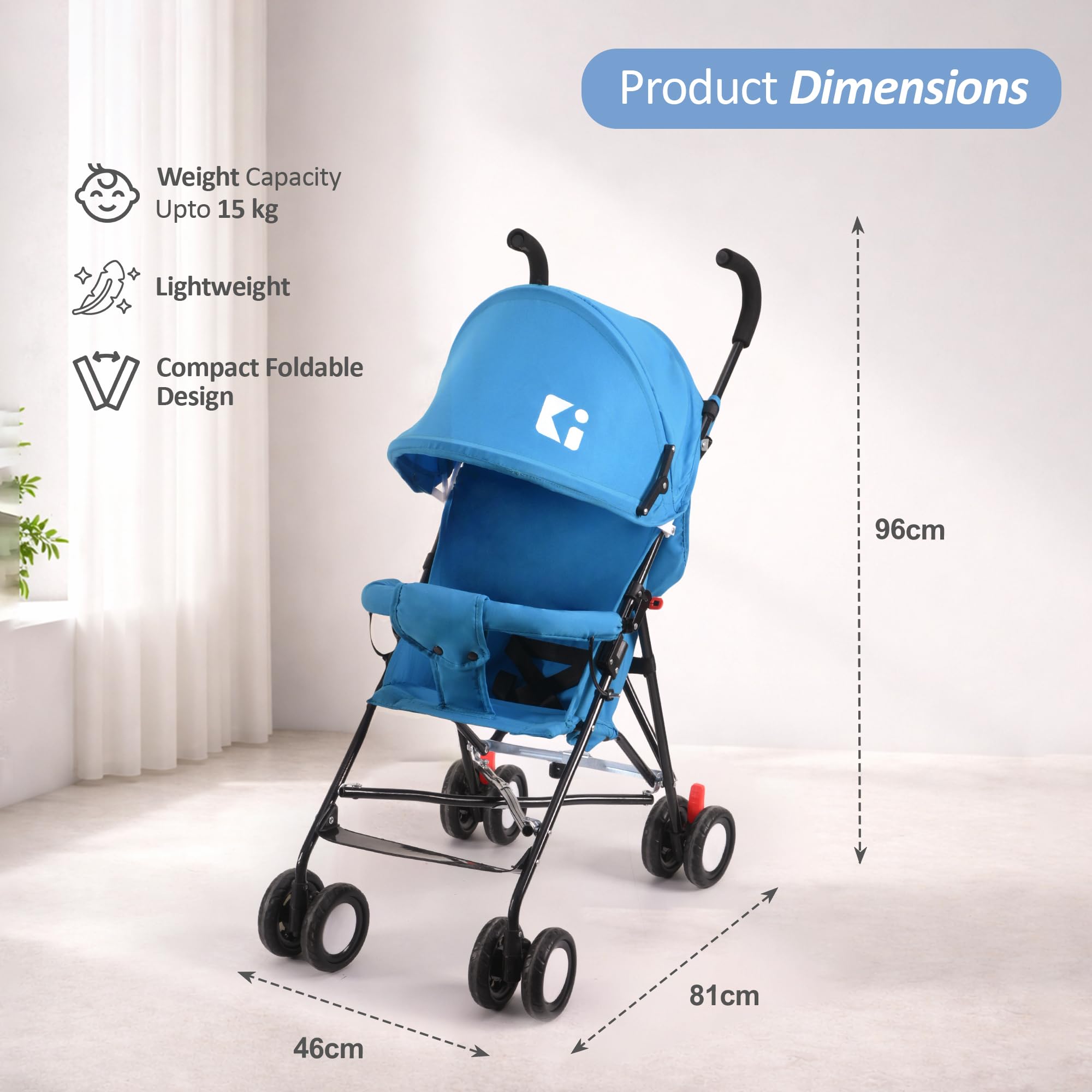 Kuber Industries Baby Stroller Handy Pram with Reversible Handle & Adjustable Canopy | Compact Foldable Pushchair for 1.5 to 2 Year Toddler | Blue