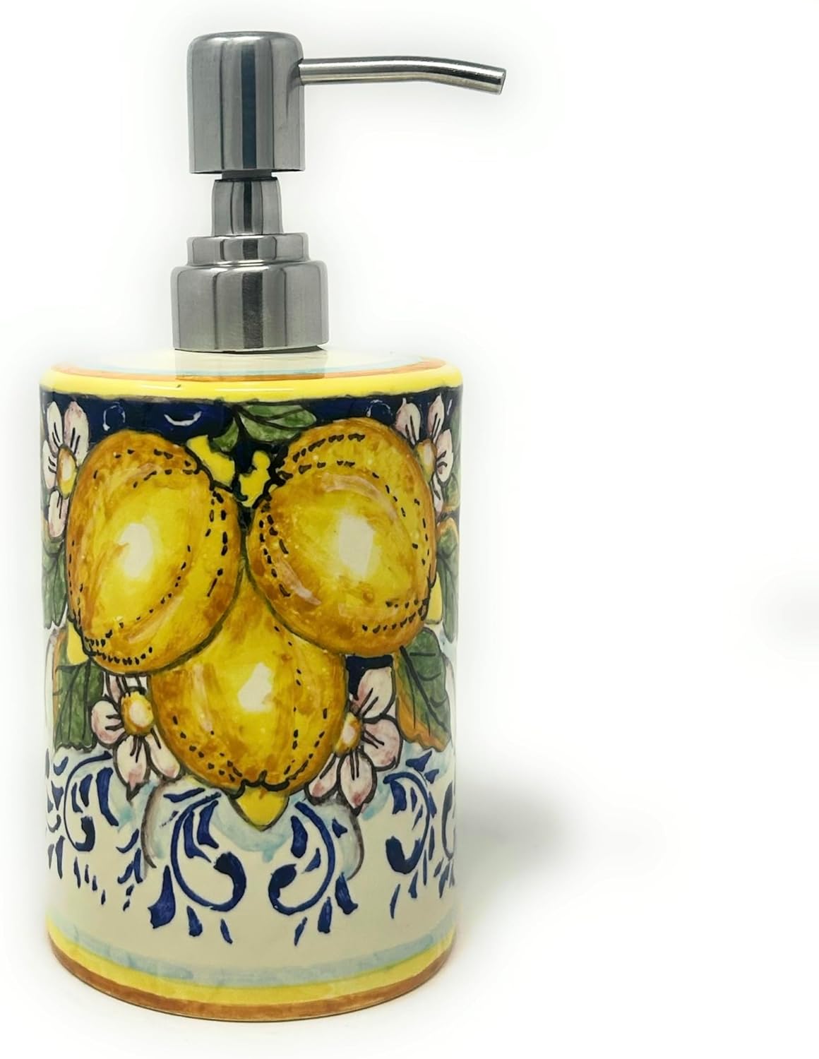 CERAMICHE D'ARTE PARRINI - Italian Ceramic Soap Dispenser with Rust Proof Stainless for Bathroom,Kitchen Hand Painted Pattern Three Lemons in Italy