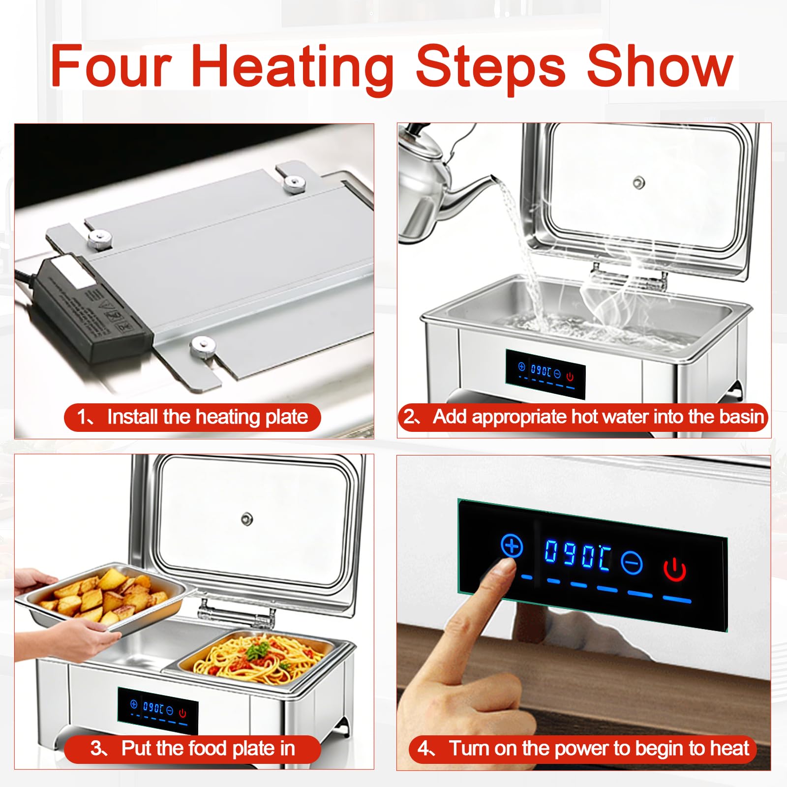 Chafing Dish Buffet Elettrico 9L(1/2 Pan) | Professionale Scaldavivande Buffet Elettrico Acciaio Inox Temperatura Regolabile per Catering Buffet con Coperchio in Vetro