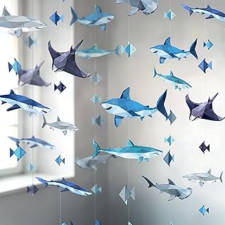 Cheerland Shark Birthday Party Decorations Hanging Shark Garland Decor Theme Backdrop Banner for Under The Sea Geometric Blue Ocean Nautical Pool Party Summer Halloween Streamers Decor Supplies