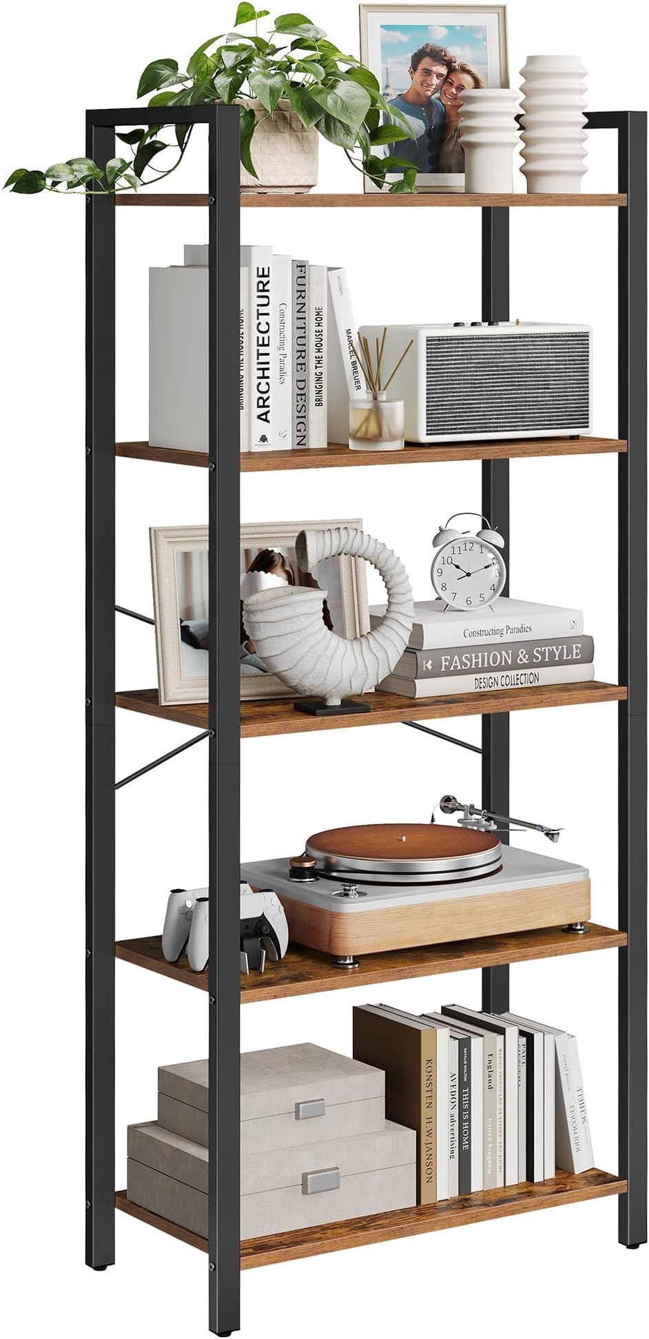VASAGLE 5-Tier Bookshelf, Bookcase, Shelving Unit, for Office, Study, Living Room, Bedroom, 30 x 66 x 153 cm, Industrial, Rustic Brown and Ink Black LLS061B01