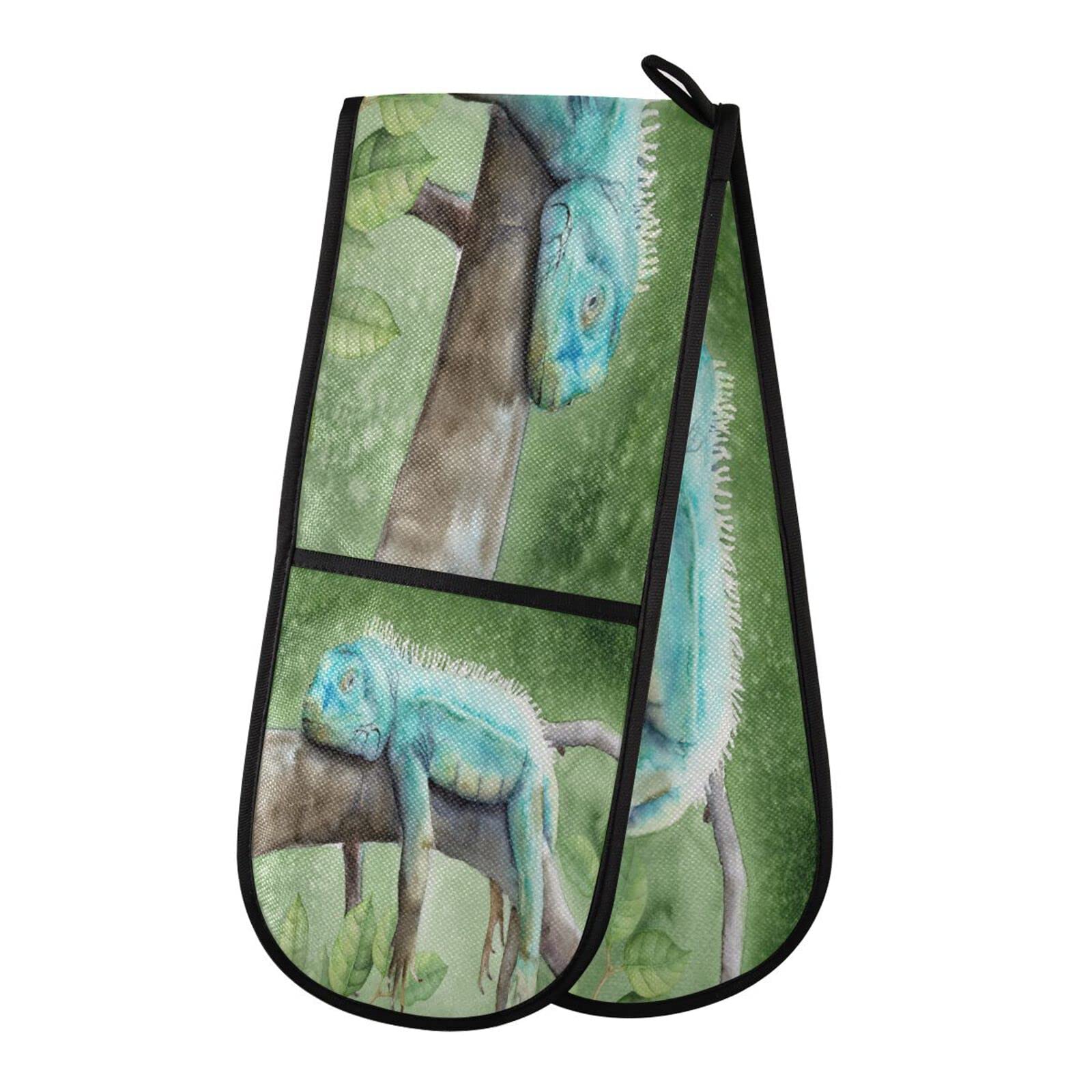 Double Oven Glove Cute Chameleon Lizard Heat Resistant Double Ovens Mitt Modern Cooking Gloves Potholders