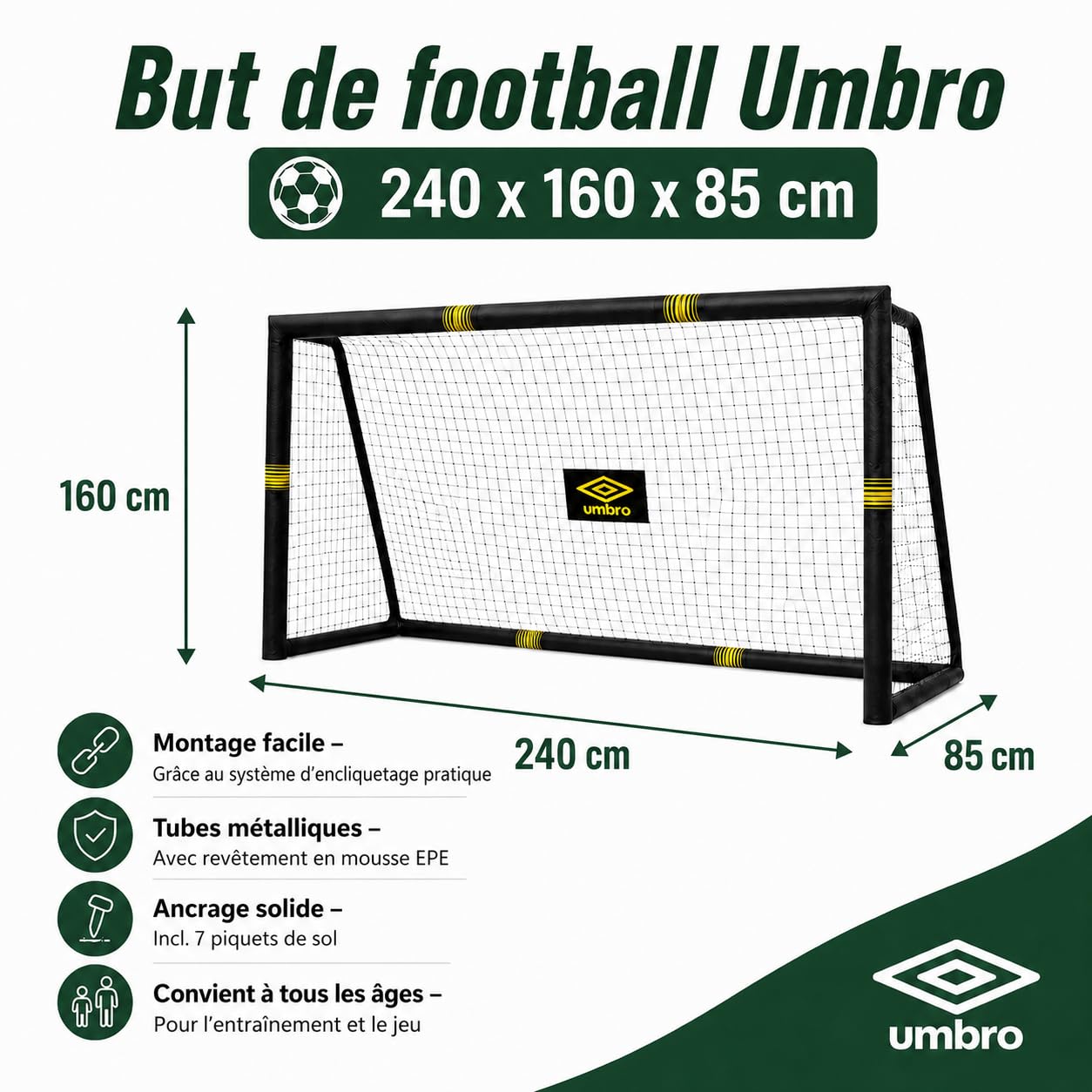 Umbro Cage de Foot - But de Foot Enfant - Kit Entrainement Football pour Enfants et Adultes - Cage Foot Exterieur et Interieur - Montage Rapide - Noir/Jaune