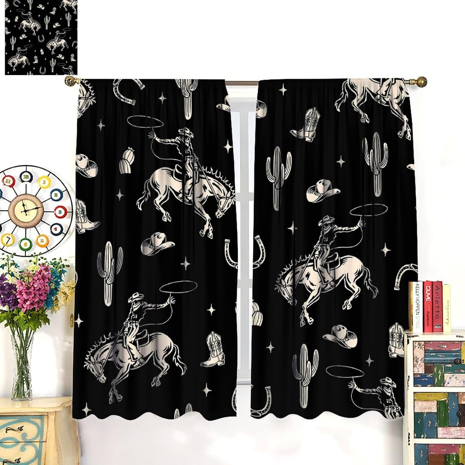 Vintage Western Cowboy Curtains, Wild West Cowboy Horseback Riding and Desert Cactus Art Theme, Bedroom Living Room Blackout Curtains42X54 Inch