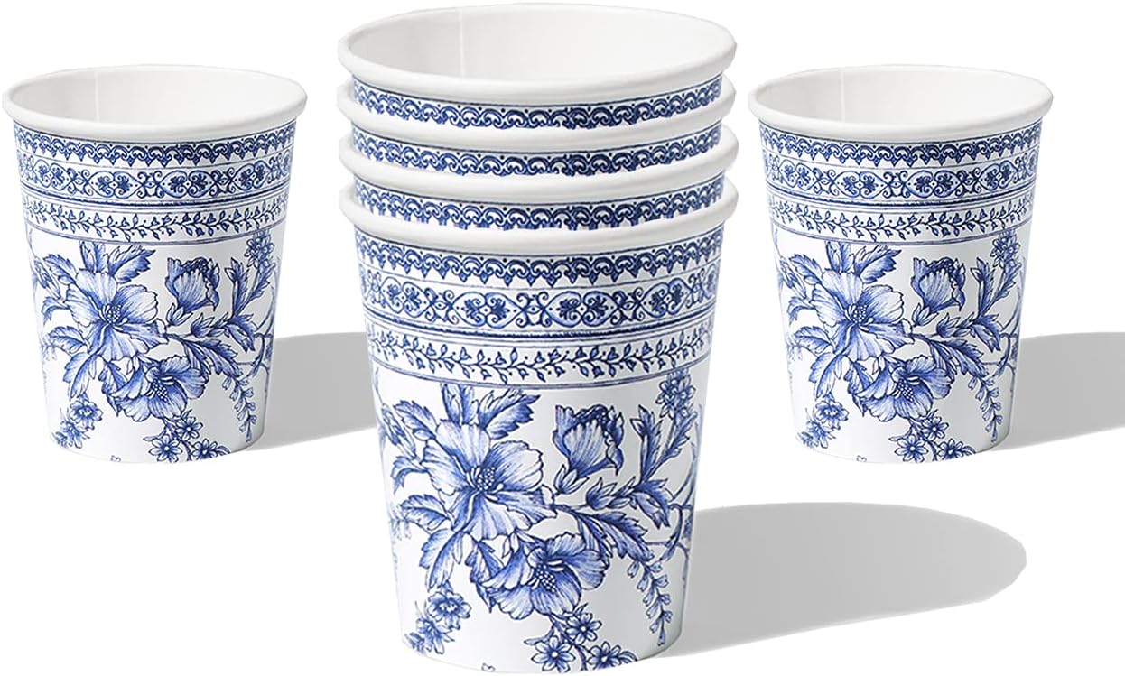 Coterie Blue Flower Paper Cups (Set of 10) | Cute Floral Cups for Summer Party, Tea Party, Bridal and Baby Shower, Garden and Birthday Celebrations 9oz