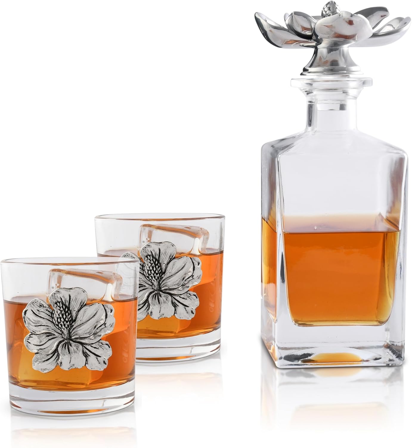 Arthur Court Magnolia Liquor Decanter Set with Pair of Whiskey Glasses 750 ml Groomsmen Gifts, Wedding Gifts For Couple, Bar Décor, Or Man Cave Décor